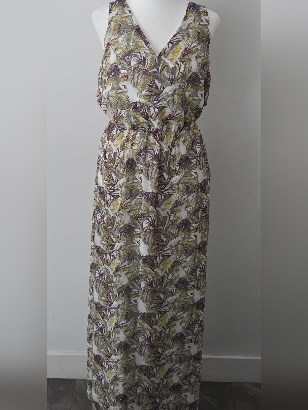 Dynamite Tropical Bird Print Maxi Dress in White, Olive and Purple